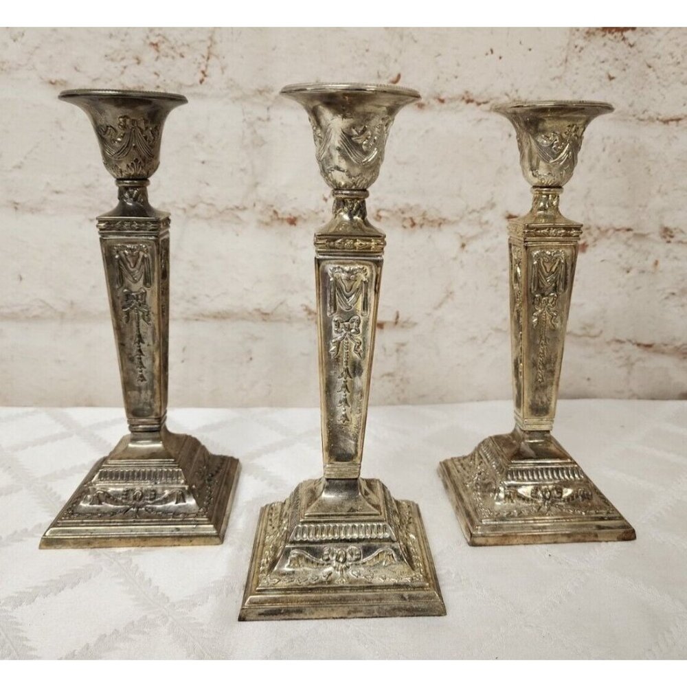 3 Towle Silversmiths Silver Plate Taper Candle Holders 9.5"